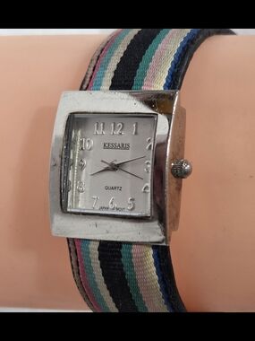 Kessaris Women's Silver Square Watch with Multicolor Stripe Fabric Band